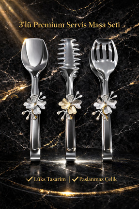 AslanhanHome 3,lü Set Kelebek Fiyonklu Gümüş Renk Maşa Servis Sunum Takımı/Pa...
