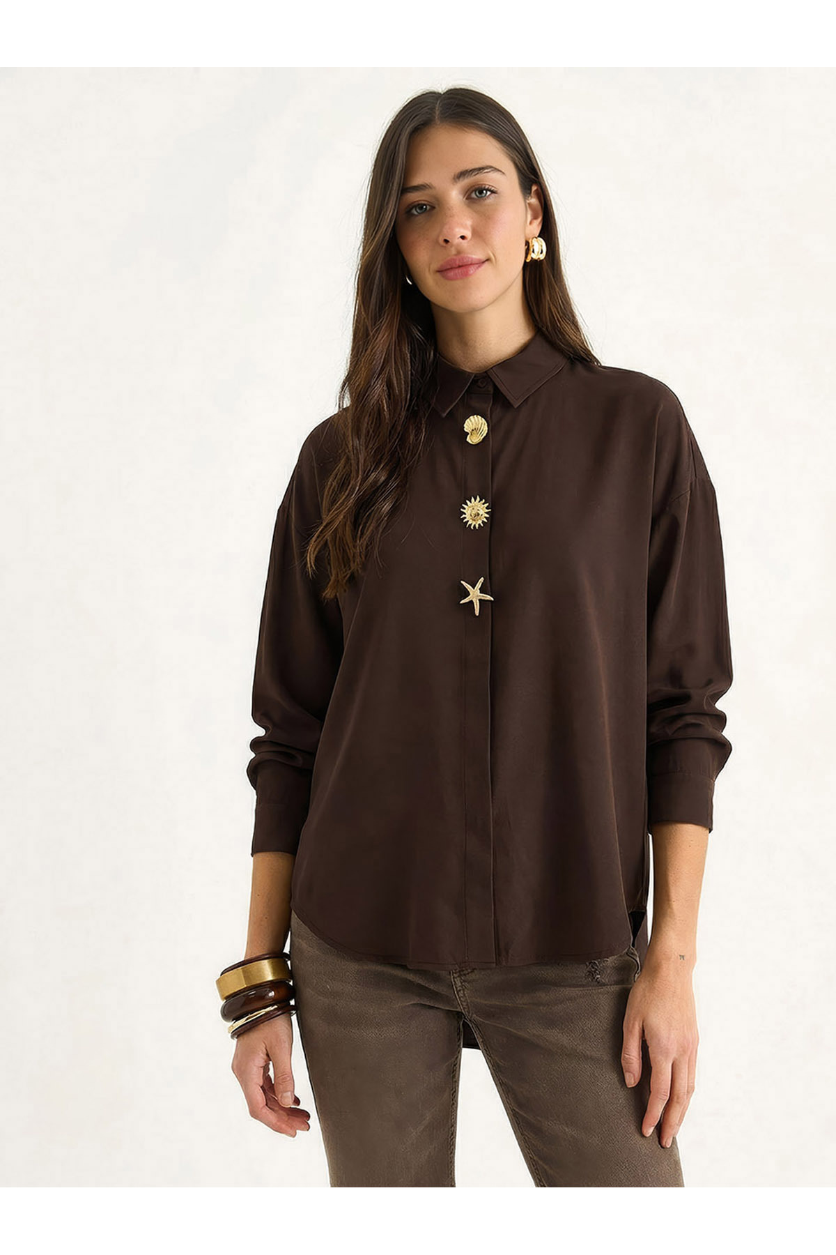 Bianco Lucci Women's Gold Button Accent Poplin Shirt 7508 60283943