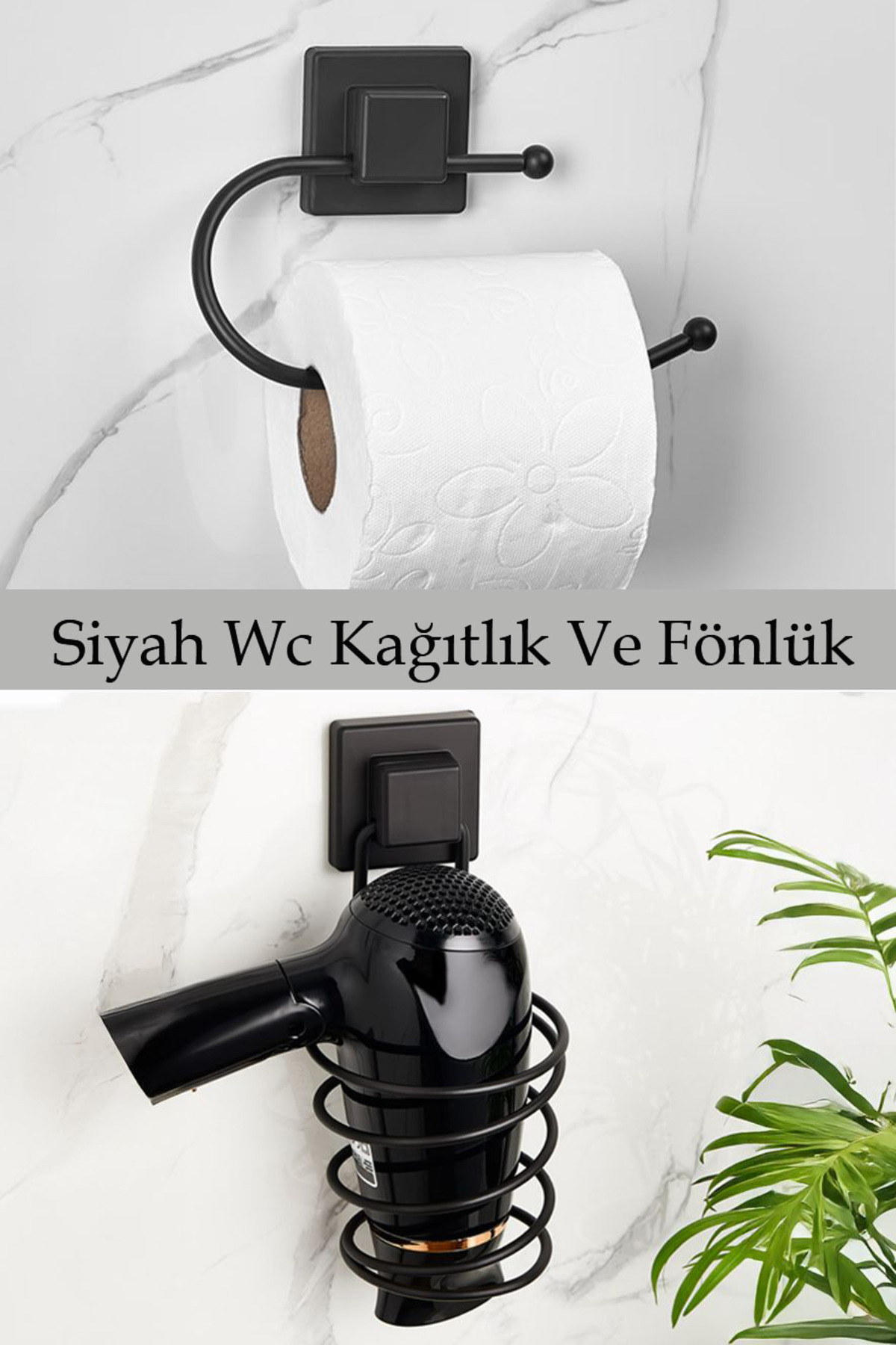 903 + 915 Double Set Black Square Adhesive Toilet Paper Holder And Hair Dryer Hanger
