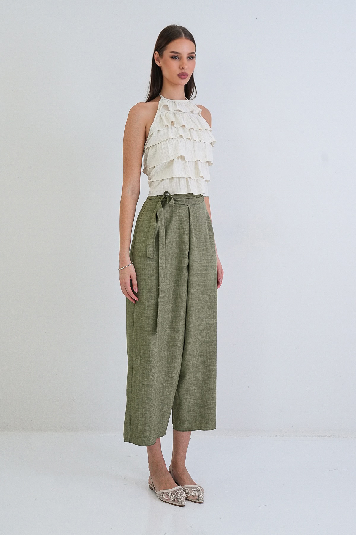 Khaki Sofia Linen Double Breasted High Waist Hidden Zippered Trousers ALC-X15301