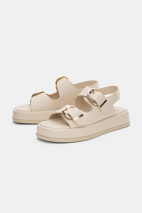 selin shoes Lunella Çift Gold Toka Detaylı Kadın Sandalet- EKRU