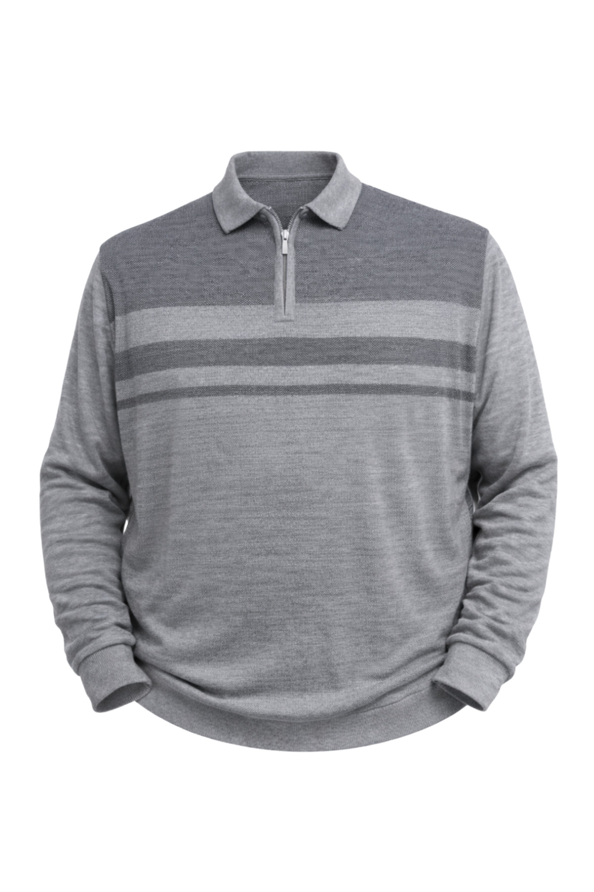 BattalModa Erkek Büyük Beden Gri Polo Yaka Çizgili Fermuarlı Triko Kazak 3XL-4XL-5XL-6XL görsel 4