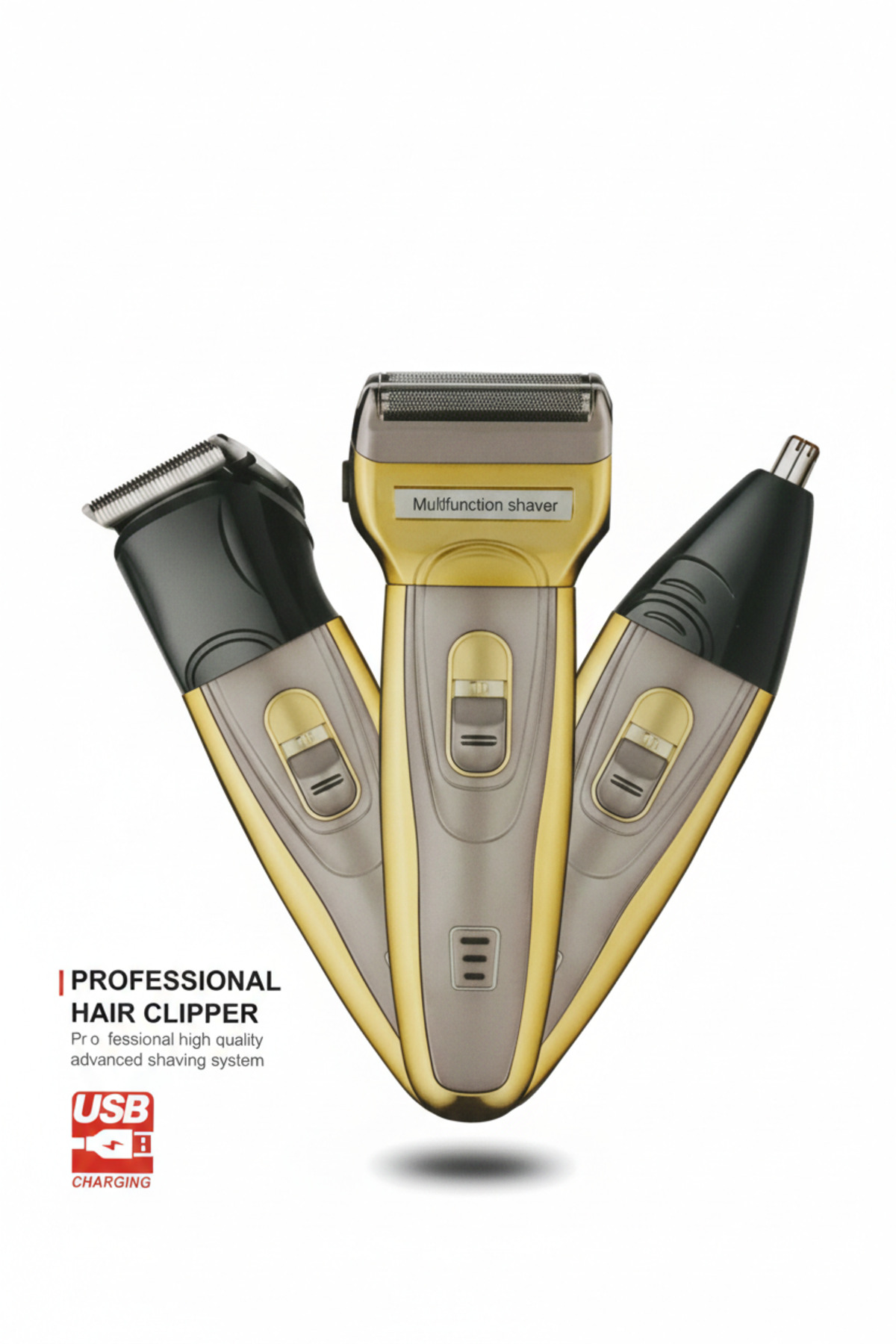 "The 3-in-1 Gold Razor Set: Precision, Power, and Style. The gold razor blade with a modern design