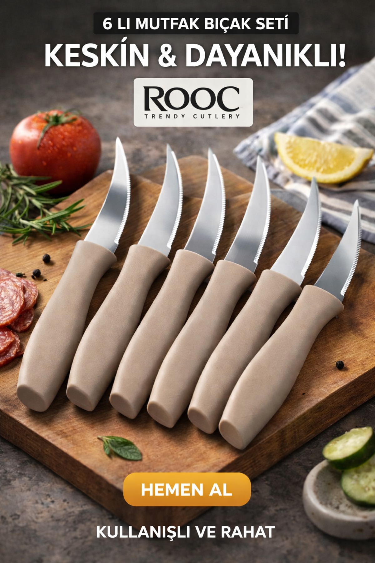 Rooc 6'lı Tırtıklı Meyve, Sebze ve Steak Bıçak Seti Paslanmaz