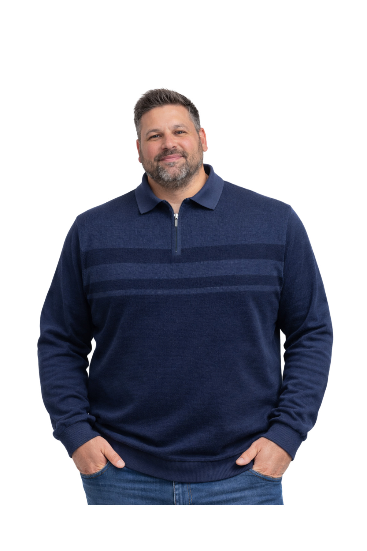 BattalModa Erkek Büyük Beden Melanj Lacivert Polo Yaka Çizgili Fermuarlı Triko Kazak 3XL-4XL-5XL-6XL
