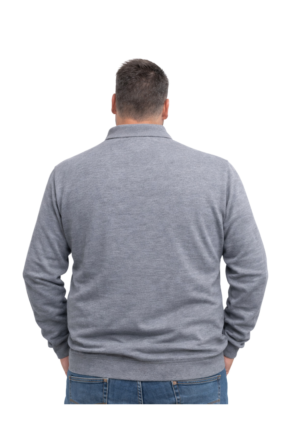 BattalModa Erkek Büyük Beden Gri Polo Yaka Çizgili Fermuarlı Triko Kazak 3XL-4XL-5XL-6XL görsel 3