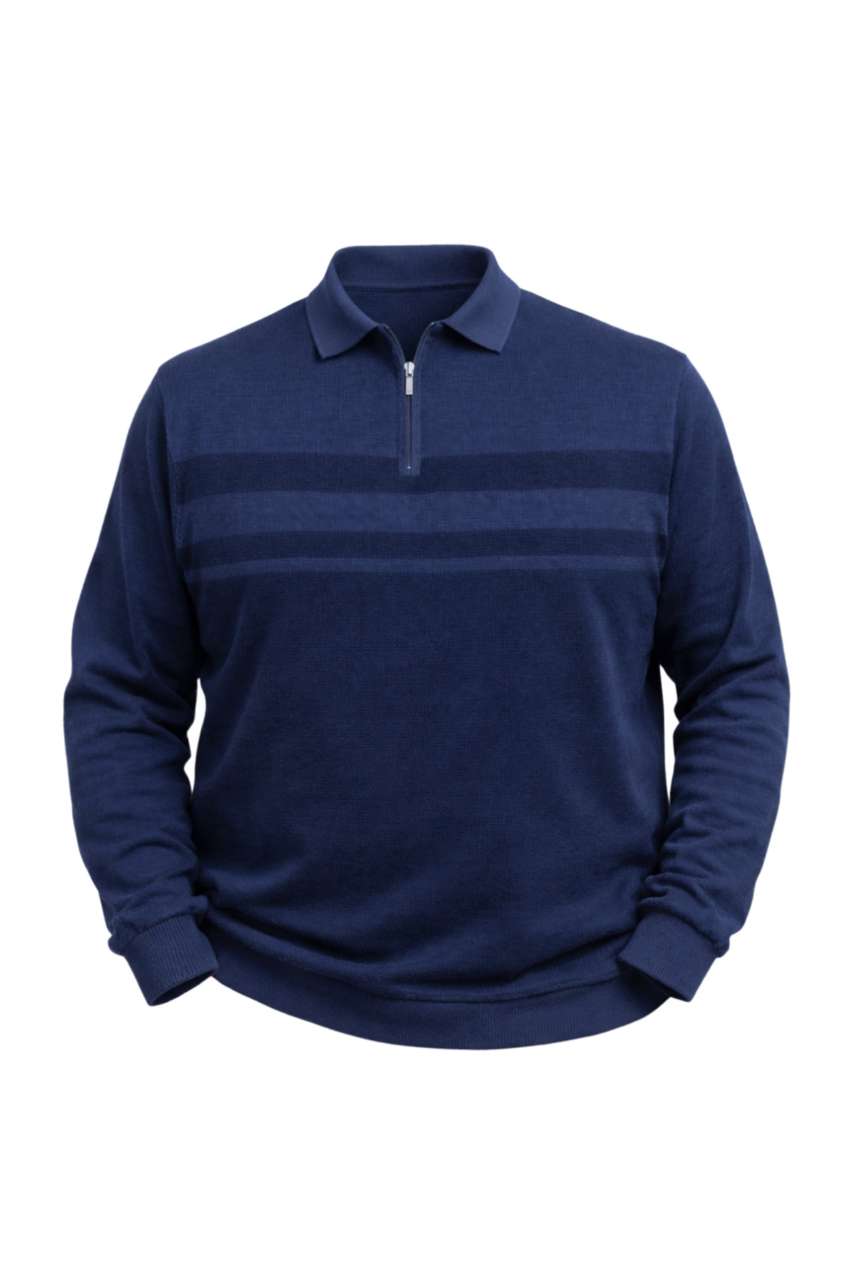 BattalModa Erkek Büyük Beden Melanj Lacivert Polo Yaka Çizgili Fermuarlı Triko Kazak 3XL-4XL-5XL-6XL görsel 4
