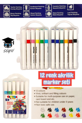 SEYFİKİRTASİYE 12 renk akrilik marker seti
