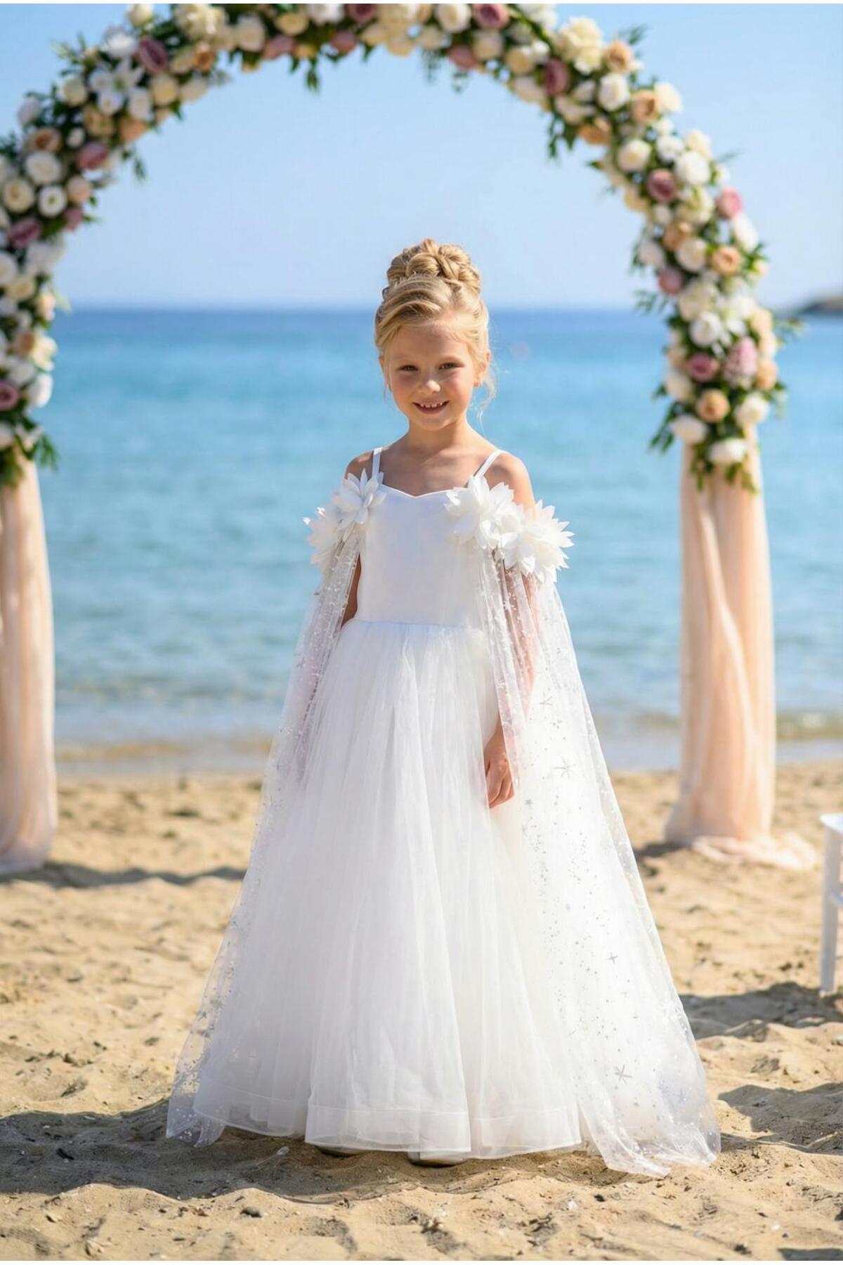 BUTİKHAPPYKİDS Kız Çocuk Abiye Kar Taneli Pelerinli Prenses Model Askılı Abiye Elbise 6-10 Yaş