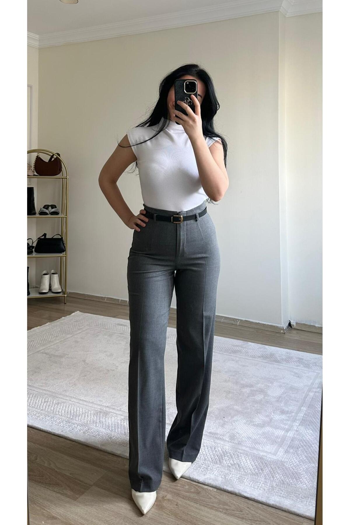 YELZEY BUTİK  Yüksek Bel Kemerli Palazzo Pantolon - Görsel 3