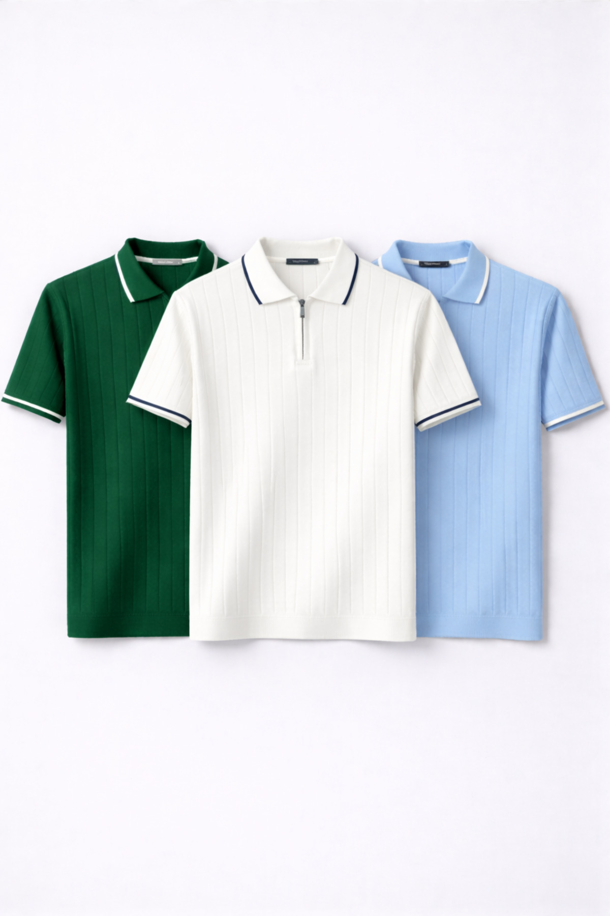 Erkek Fitilli Triko Polo Yaka Tişört 3’lü Set – Terletmeyen Pamuklu Yazlık Likralı