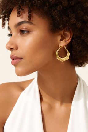 Stainless steelss Paslanmaz Çelik Gold Renk Geometrik Halka Küpe – Modern & Ş...