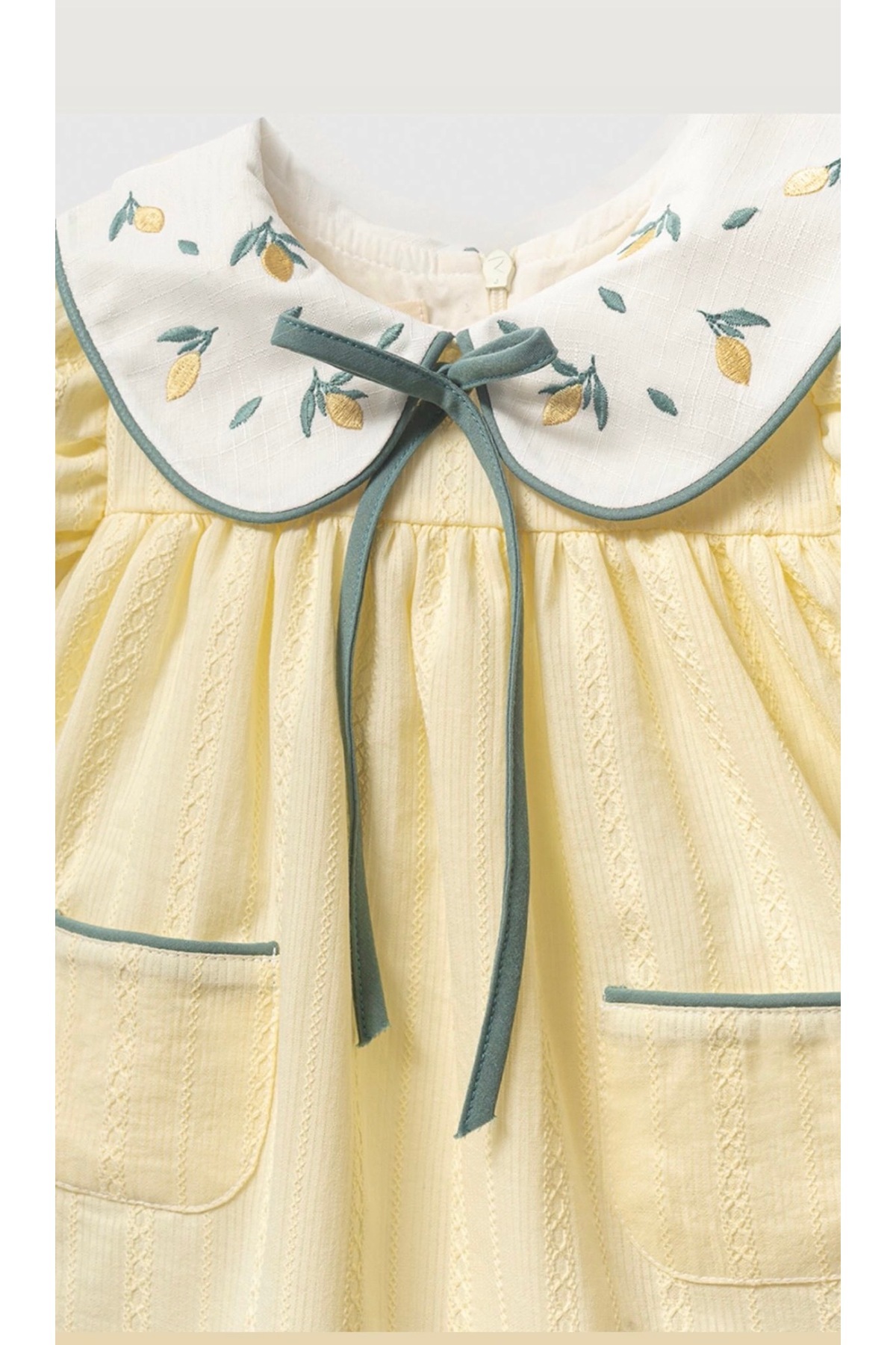 NoyNoy Baby %100 Pamuklu OEKO-TEX Sertifikalı Kız Bebek 9-24 Ay Limon Nakış Yakalı Elbise fotoğrafı 3 (önizleme)