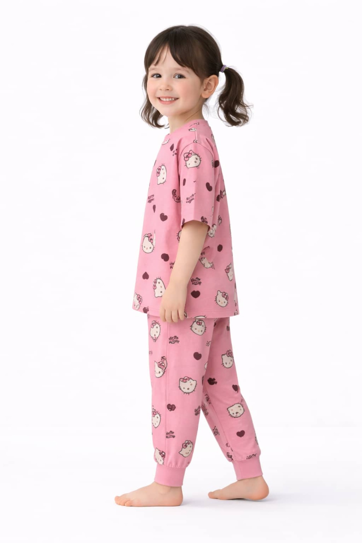 CQCQ Kız Çocuk Pembe Kalp & Kedi Desenli Yazlık Pijama Takımı %100 Pamuklu fotoğrafı 4 (önizleme)