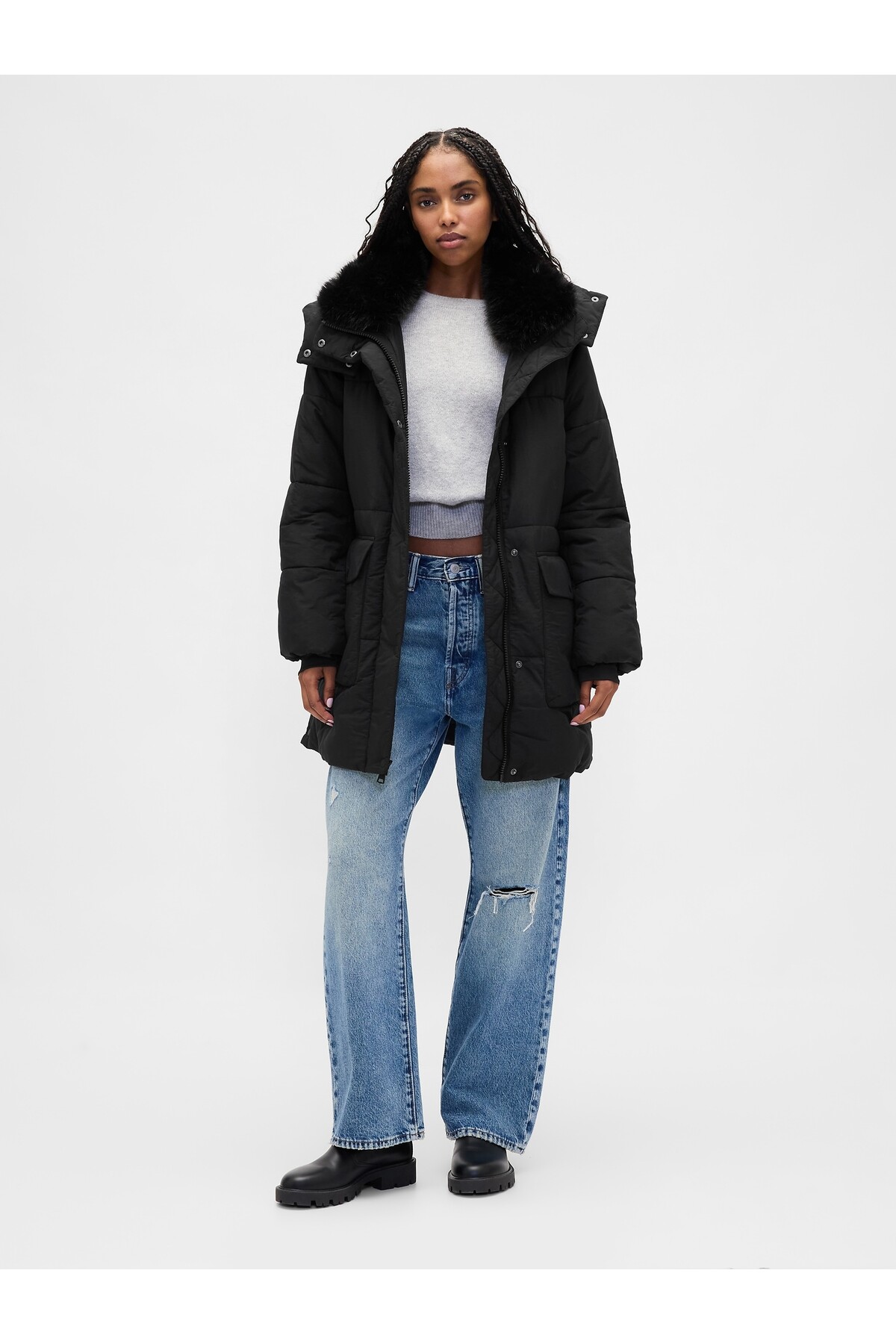 GAP  Kadın Siyah Faux Fur-Trim Midi Puffer Şişme Mont - Görsel 5