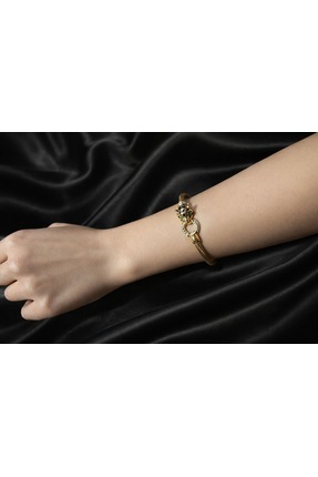 B&B Jewerly Zümrüt Göz Detaylı Gold Renk Panter Figürlü Çelik Kelepçe Bilekli...