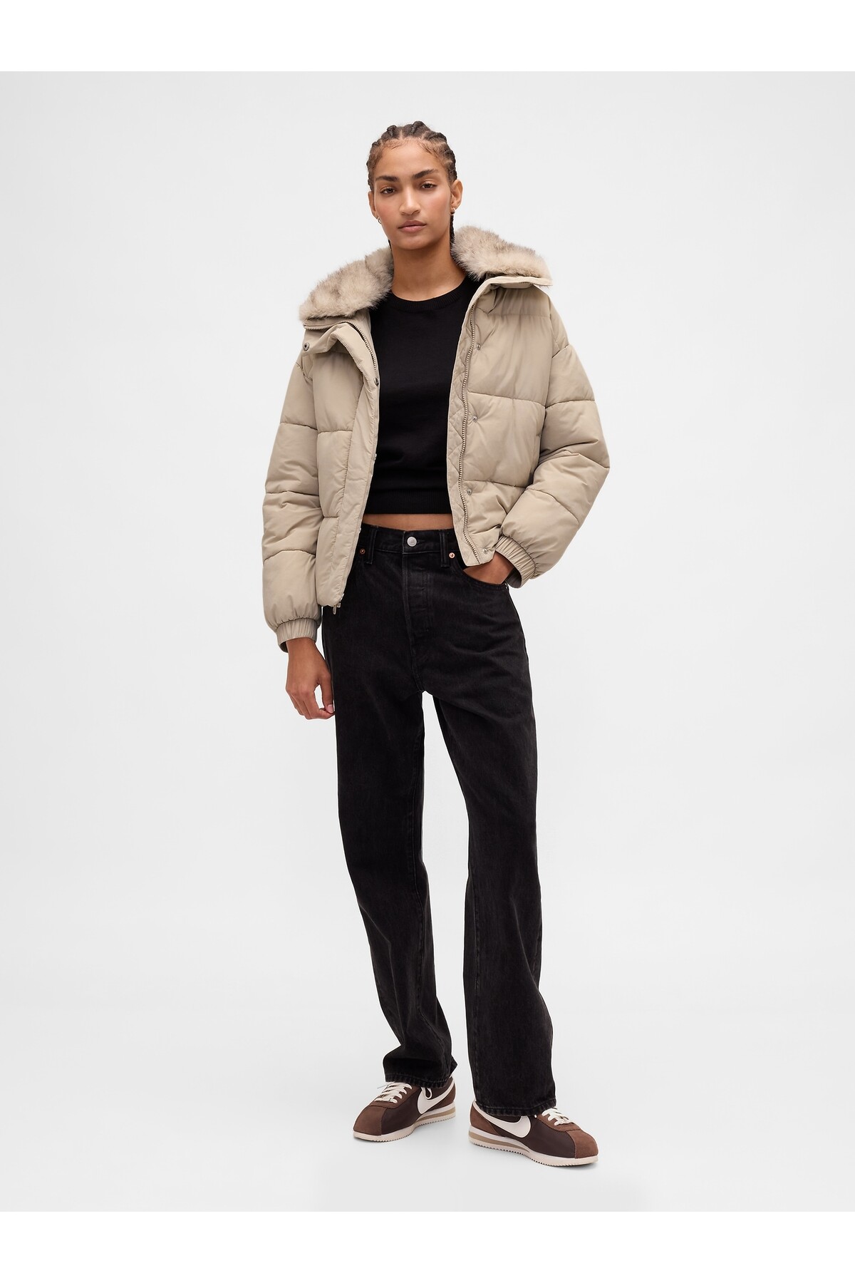 GAP Kadın Bej Faux Fur-Trim Puffer Şişme Mont görsel 5
