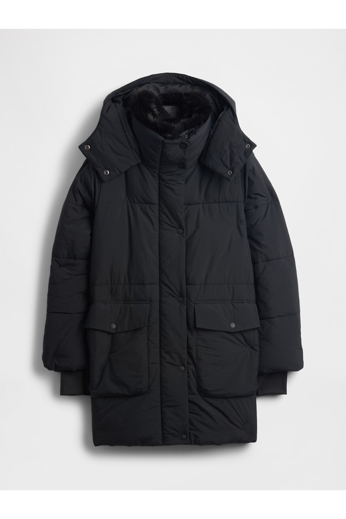 GAP  Kadın Siyah Faux Fur-Trim Midi Puffer Şişme Mont - Görsel 2