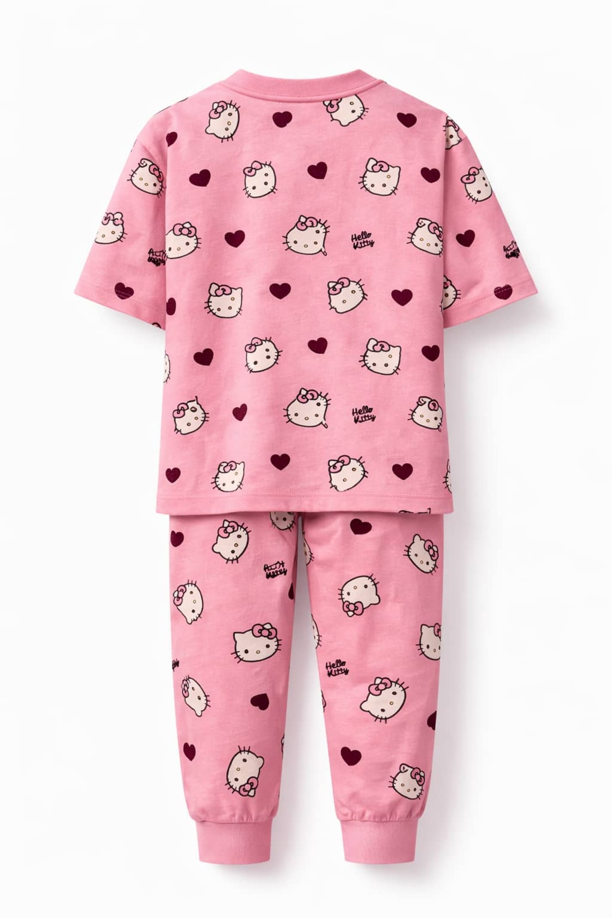CQCQ Kız Çocuk Pembe Kalp & Kedi Desenli Yazlık Pijama Takımı %100 Pamuklu fotoğrafı 2 (önizleme)