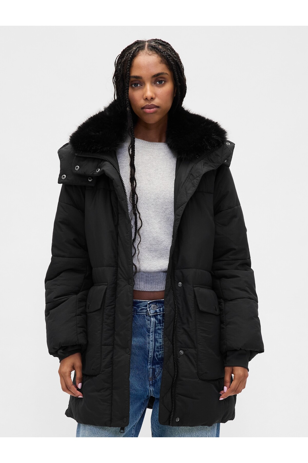 GAP  Kadın Siyah Faux Fur-Trim Midi Puffer Şişme Mont
