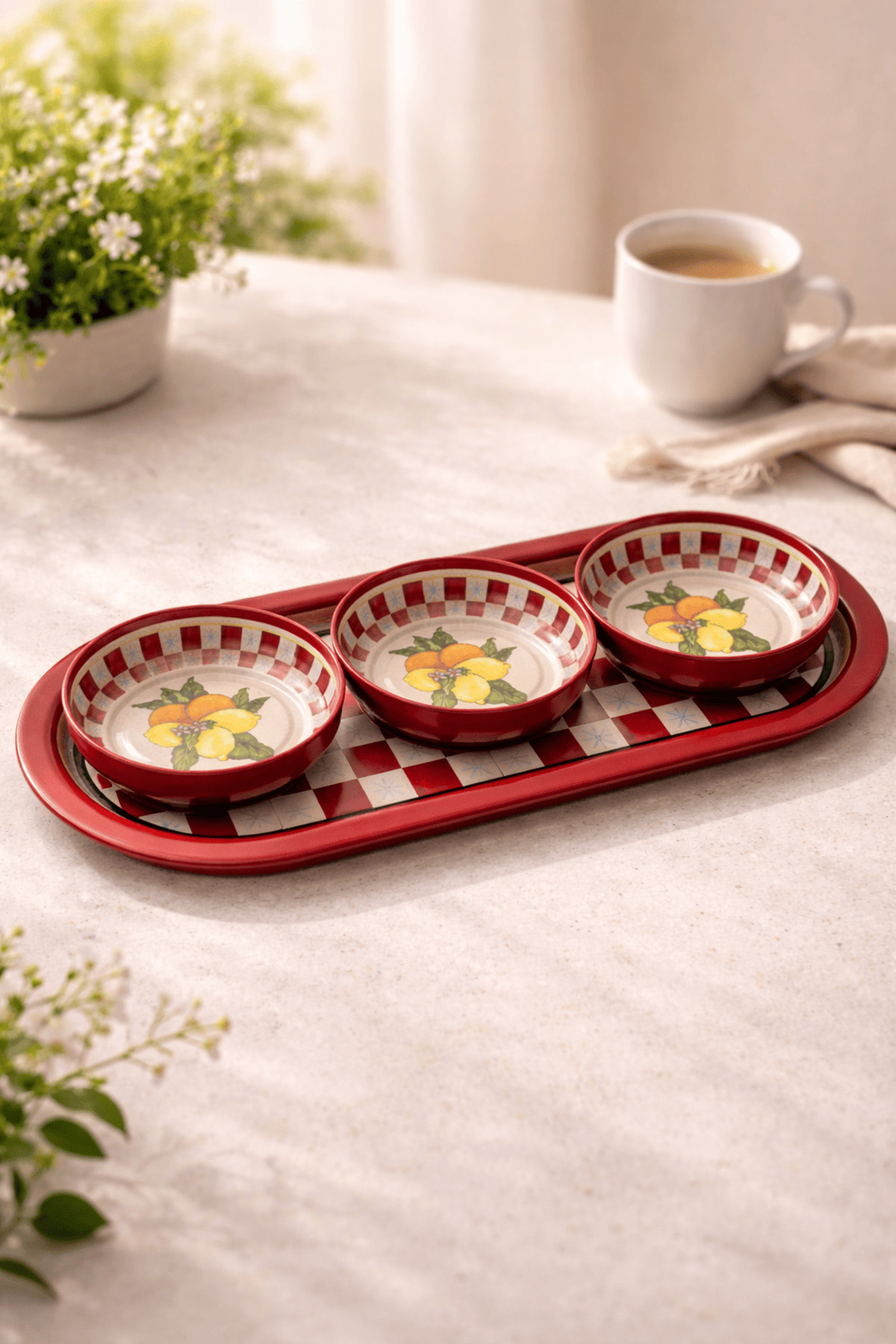 Home 3-Piece 10x3.2 cm Snack Bowl and 16x35 cm Serving Tray Set - Lemon Design Red