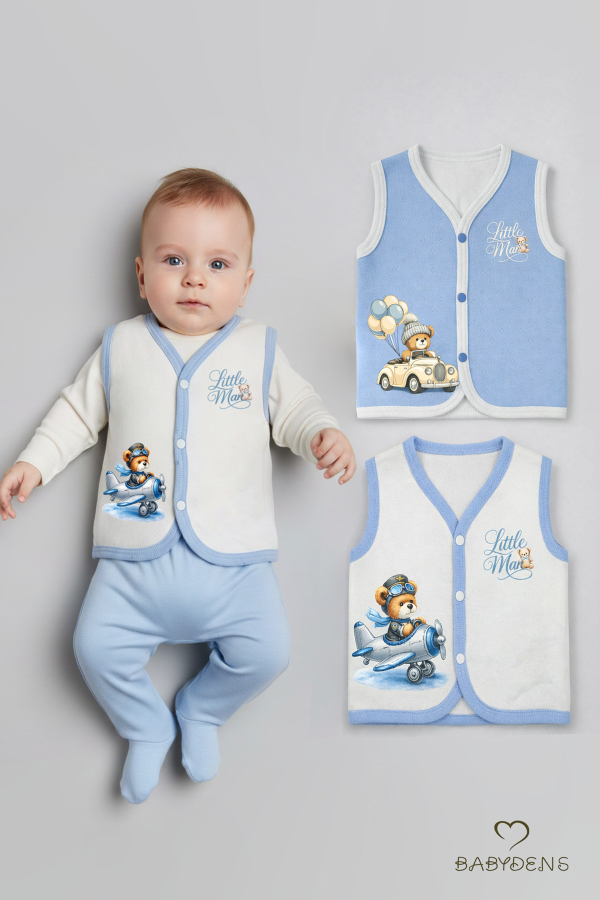 BABYDEN'S 2’li Erkek Bebek Yelek Pamuklu Jakarlı Çıtçıtlı Bebek Yeleği Ayıcık Baskılı Bebek Yelek Seti 0-9 Ay fotoğrafı 2 (önizleme)