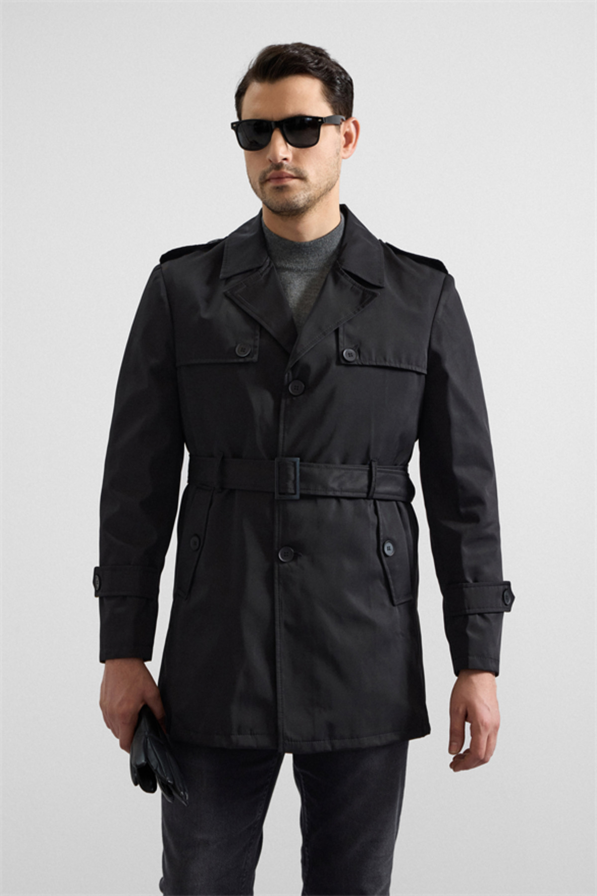 SÜVARİ  Siyah Slim Düz Cepsiz Trençkot