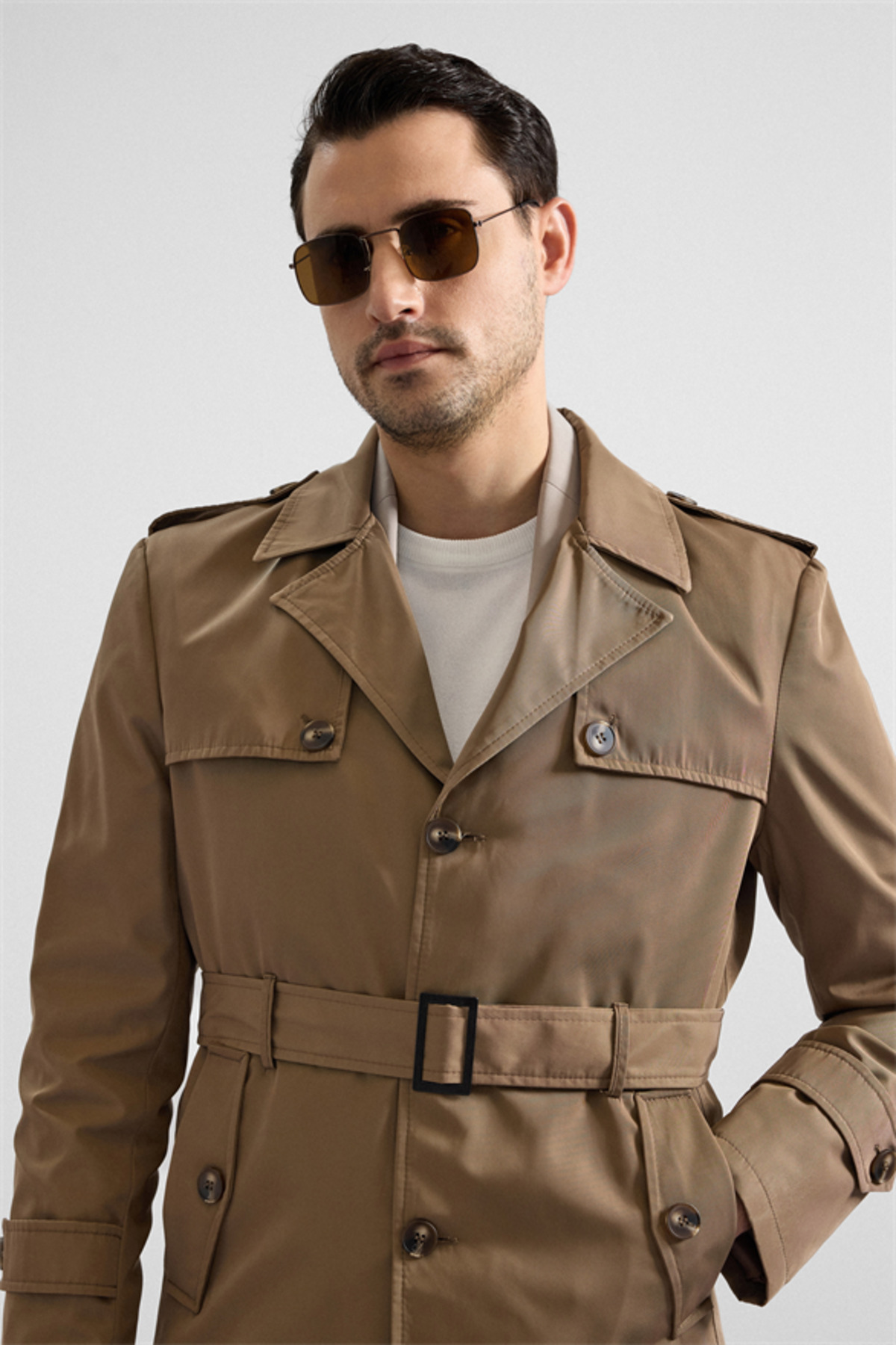 SÜVARİ  Bej Slim Düz Cepsiz Trençkot - Görsel 5