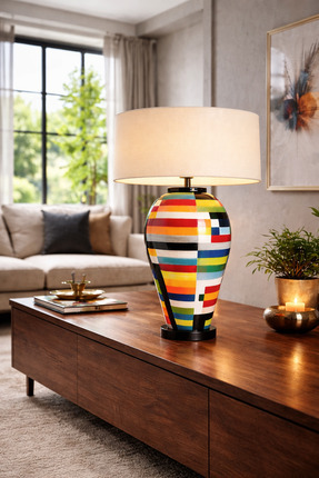 Vinner Luxury El Yapımı Mozaik Seramik Abajur – 65 cm | E27, Krem Şapka Premi...