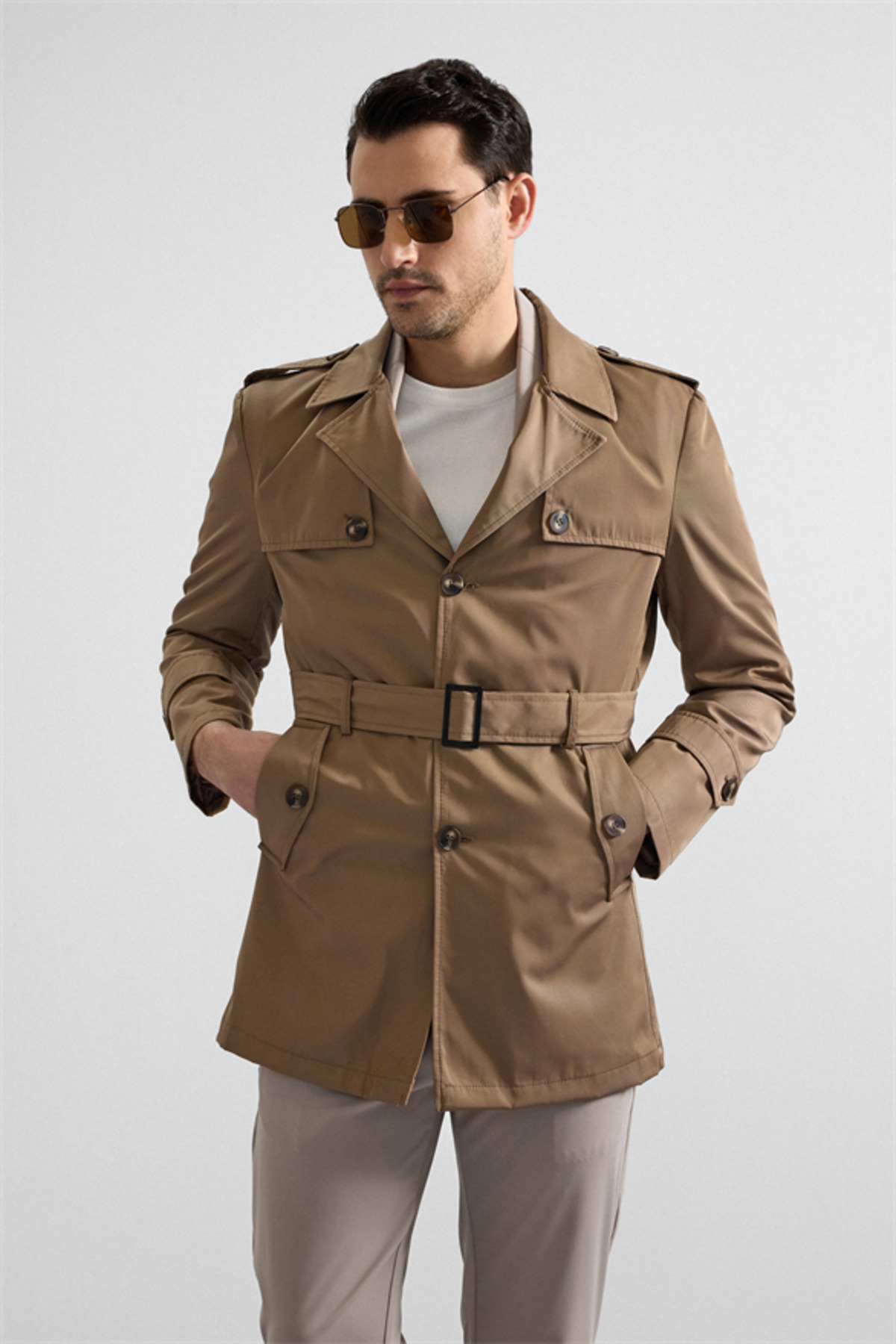 SÜVARİ  Bej Slim Düz Cepsiz Trençkot - Görsel 4