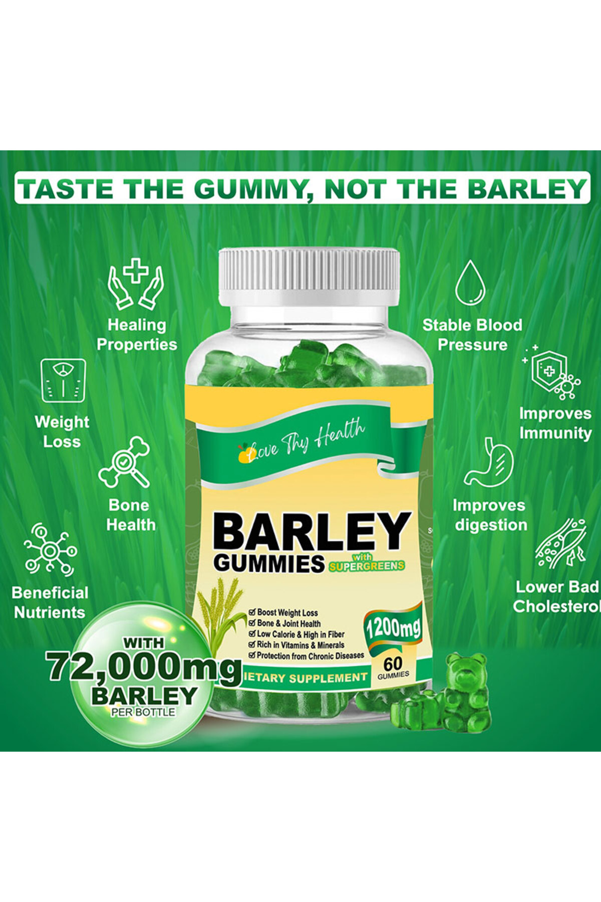 LOVE Barley Gummies with Super Greens 1200 mg 60 Gummies- Trendyol