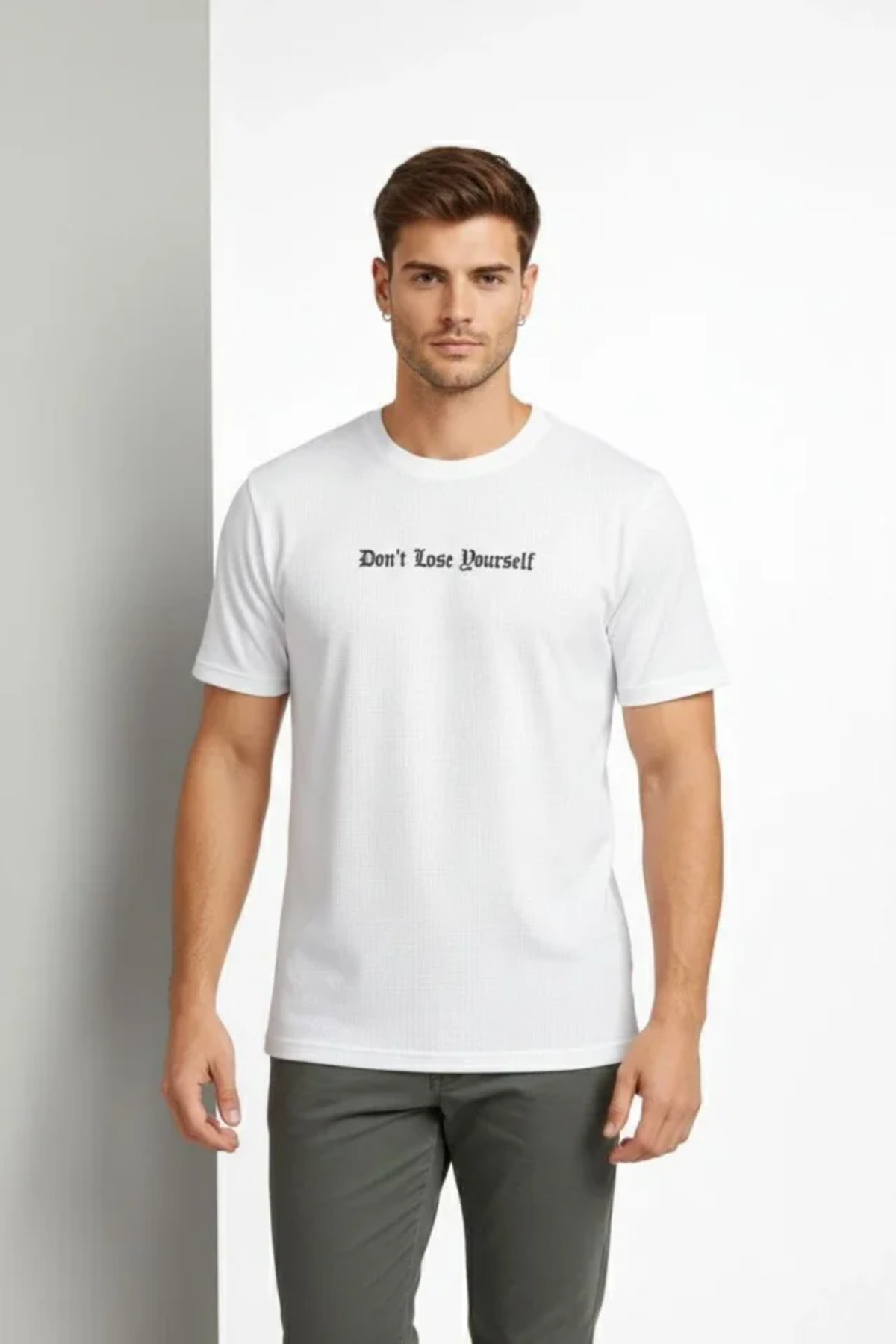 Erkek Wafıl Kumaş Tişört Regular Kalıp Bisiklet Yaka Baskılı Günlük Basic T-Shirt - Bey