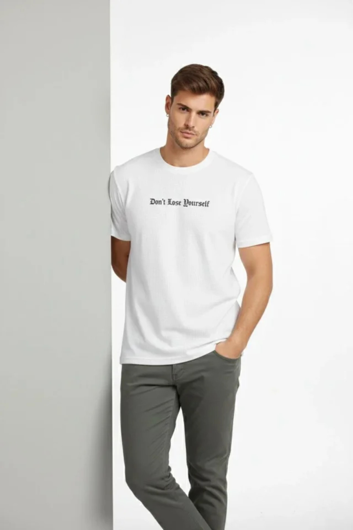 Erkek Wafıl Kumaş Tişört Regular Kalıp Bisiklet Yaka Baskılı Günlük Basic T-Shirt - Bey
