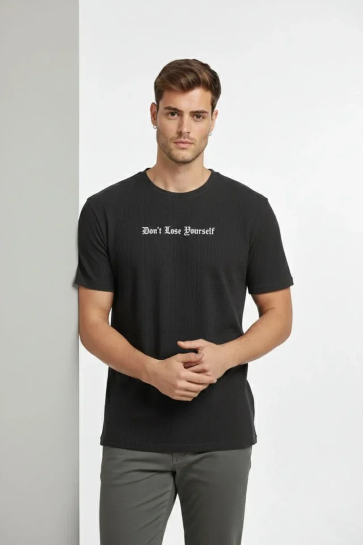 Erkek Wafıl Kumaş Tişört Regular Kalıp Bisiklet Yaka Baskılı Günlük Basic T-Shirt - Siy