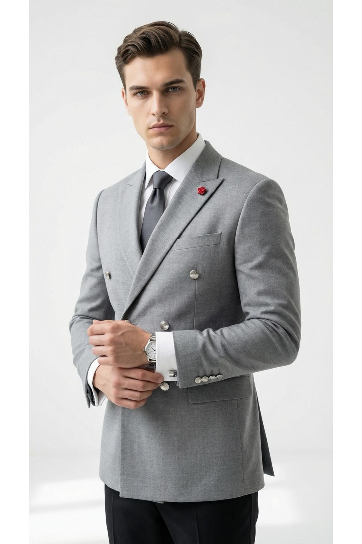 Plus Scorpion  Slim Fit Erkek Kruvaze Blazer Ceket – Silver Düğme Detaylı Premium Tasarım