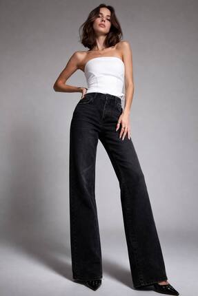 Feyna Bootcut Kadın Açık Siyah Denim Pantolon Bol Yıpratma Efektli