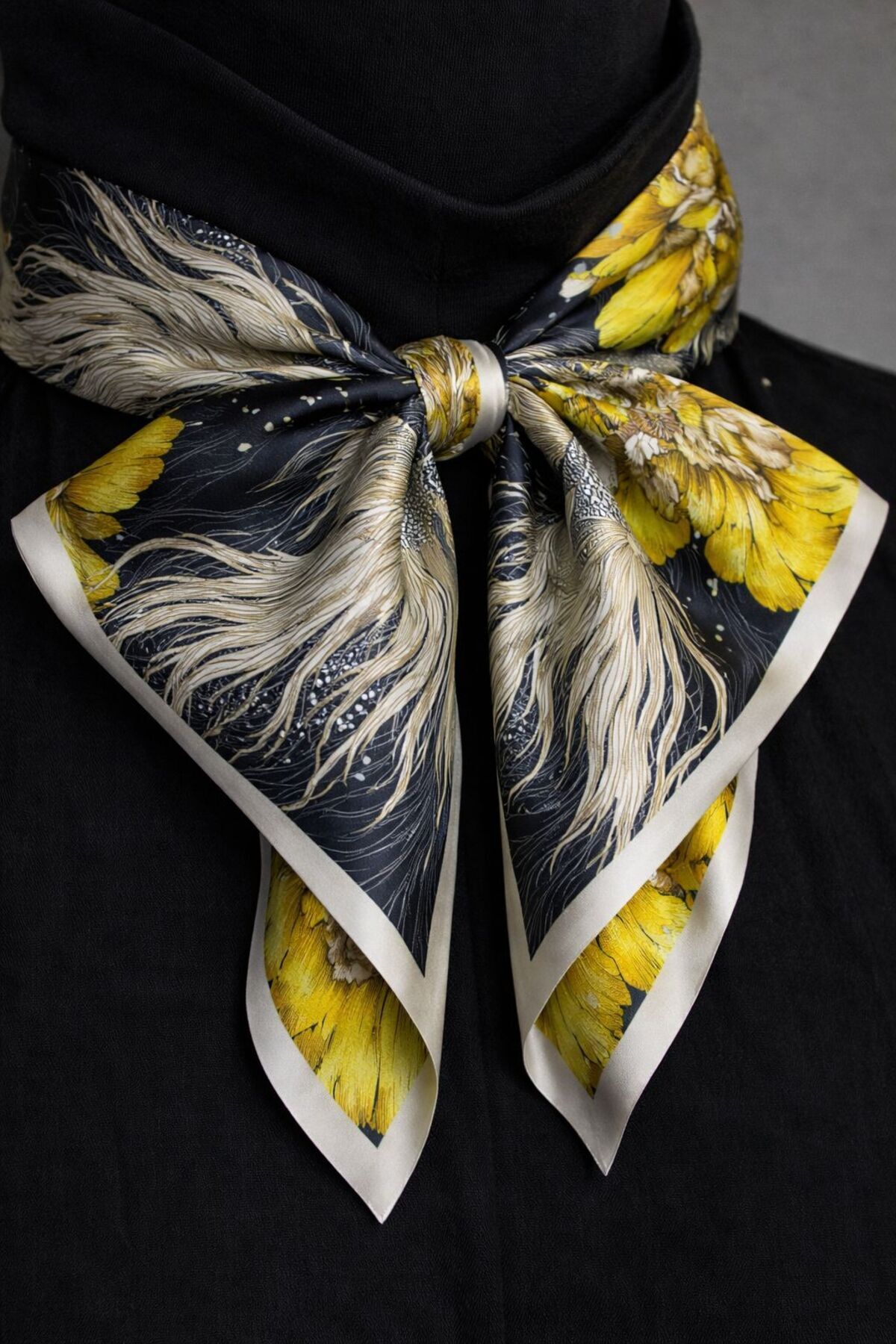 Women's Yellow Floral Black Silk Scarf 70x70