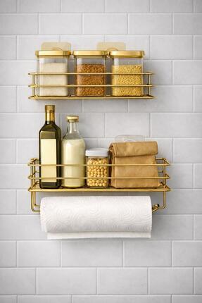 Kitchen Smile Yapışkanlı Banyo Ve Mutfak Rafı 2 li Set Kağıt Havlu Askılı Ban...