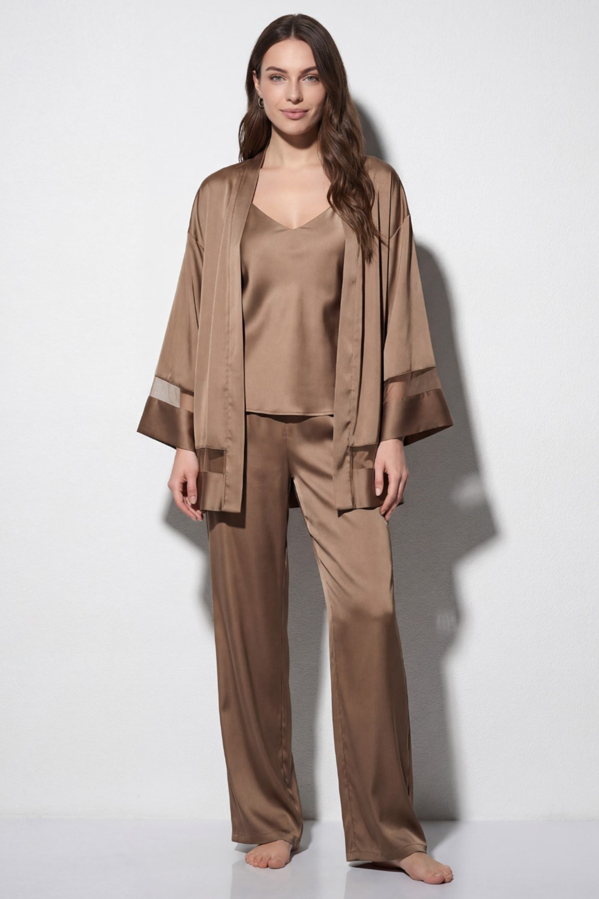 Espuar Kadın Tül Detaylı Saten 3 Parça Sabahlıklı Pijama Takımı 4300