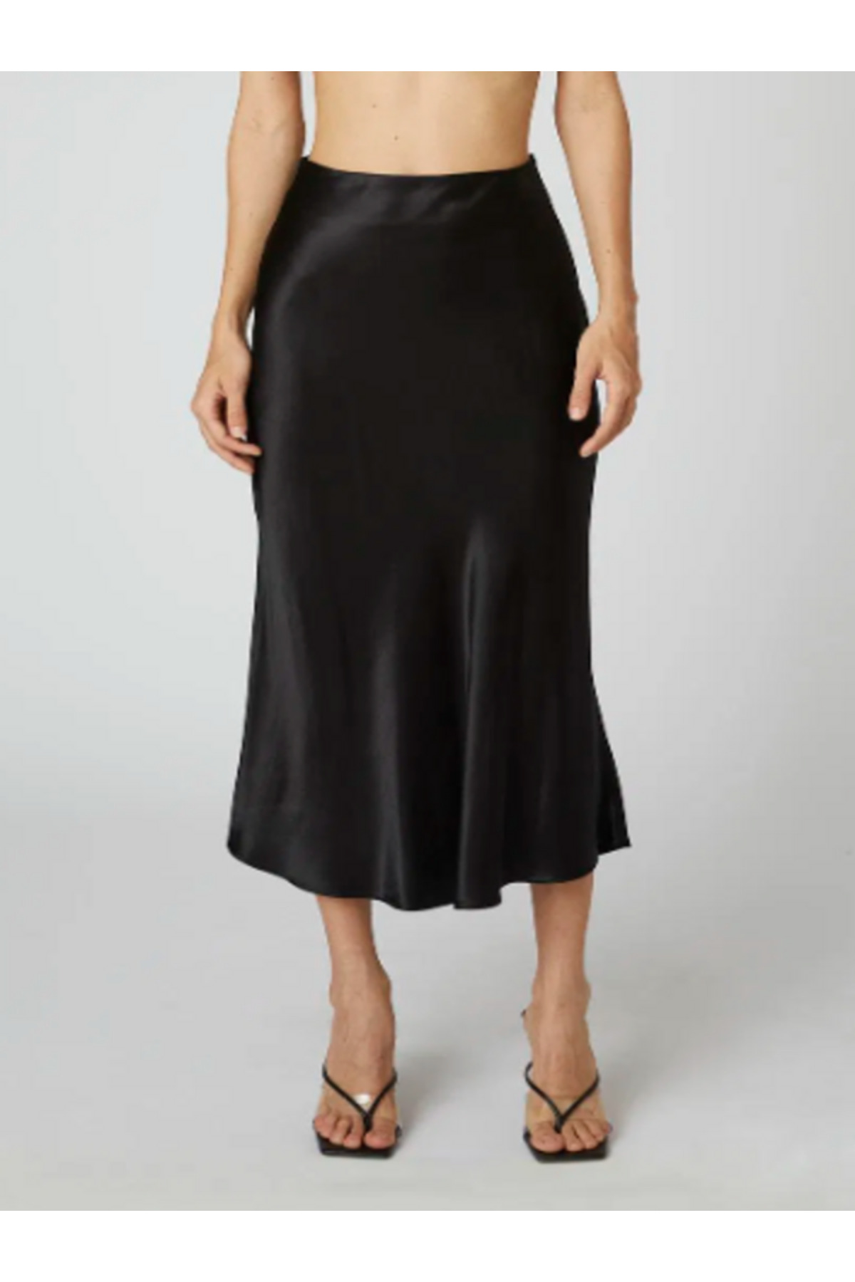 Women's Black Rise Waist Midi Size Satin Skirt