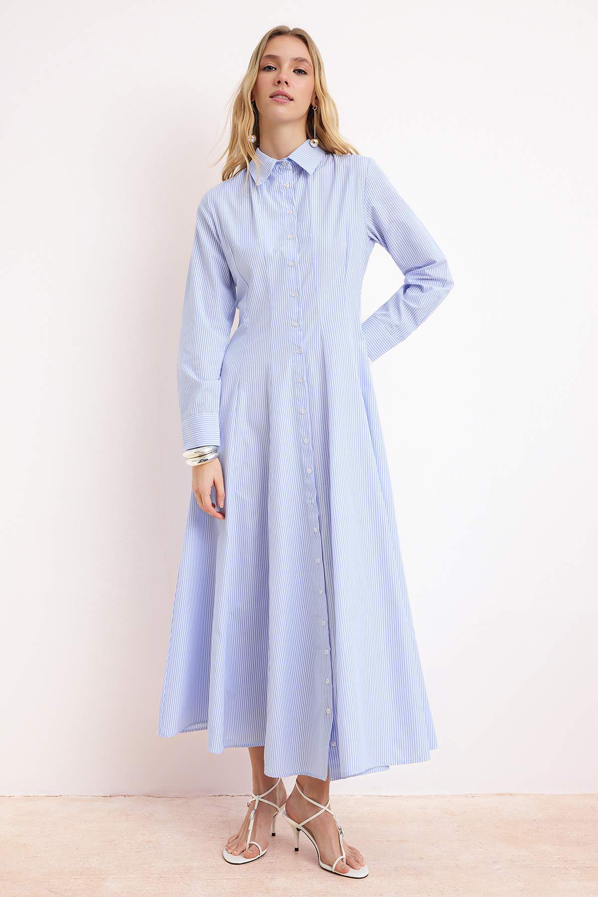 Trendyol Modest Light Blue Cotton Unlined Striped Woven Terrycotton Hijab Dre...
