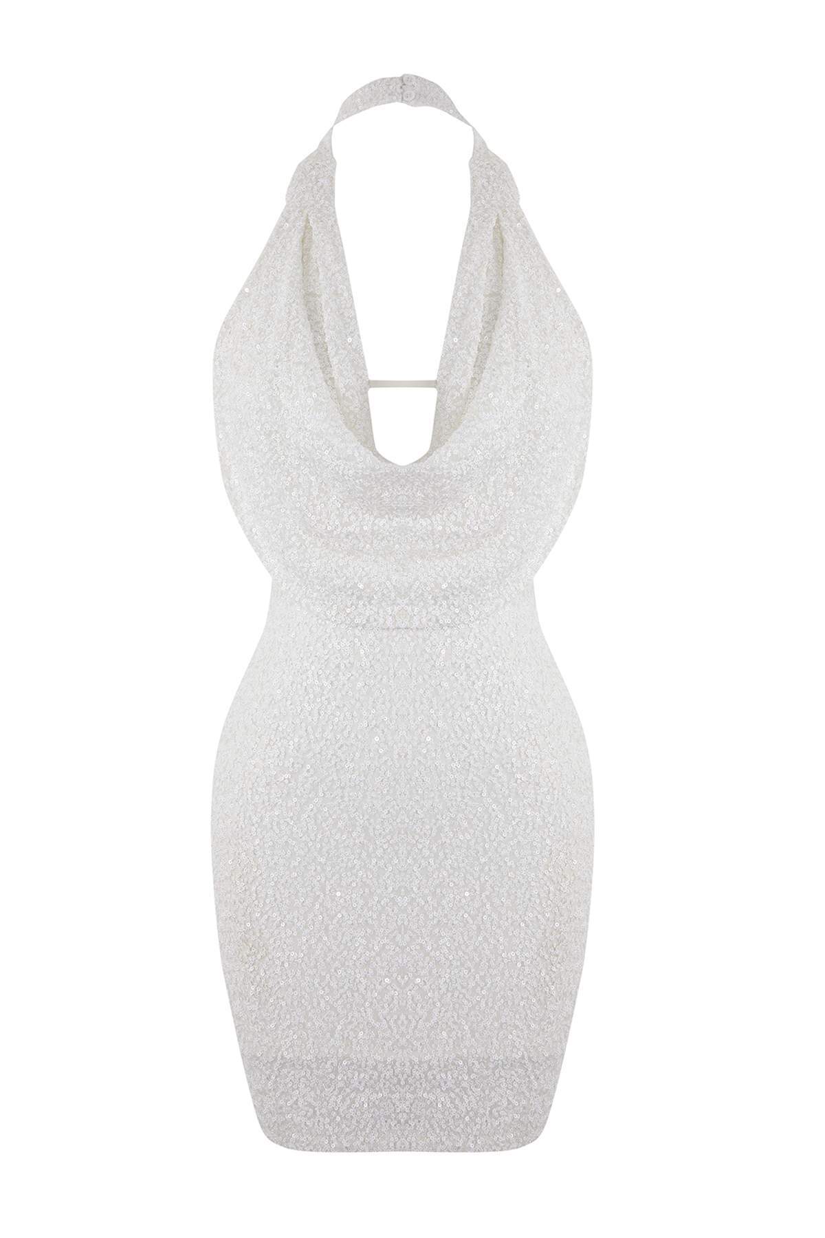 Trendyolmilla  Beyaz Degaje Yaka Payet Kısa / Mini Astarlı Şık/Gece Elbise TPRSS26EL00062 - Görsel 3