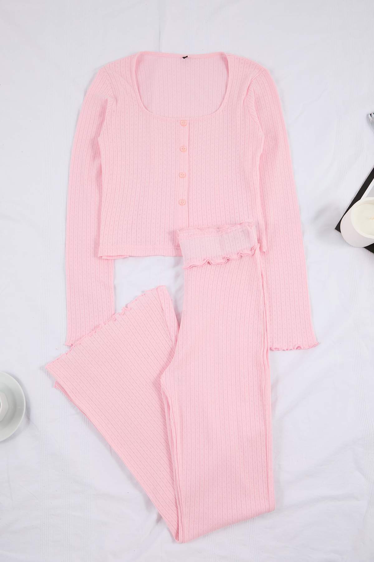 Trendyolmilla Açık Pembe %100 Pamuklu Bel Detaylı Hırka Fitilli/Pointel Örme Pijama Takımı THMSS26PT00019
