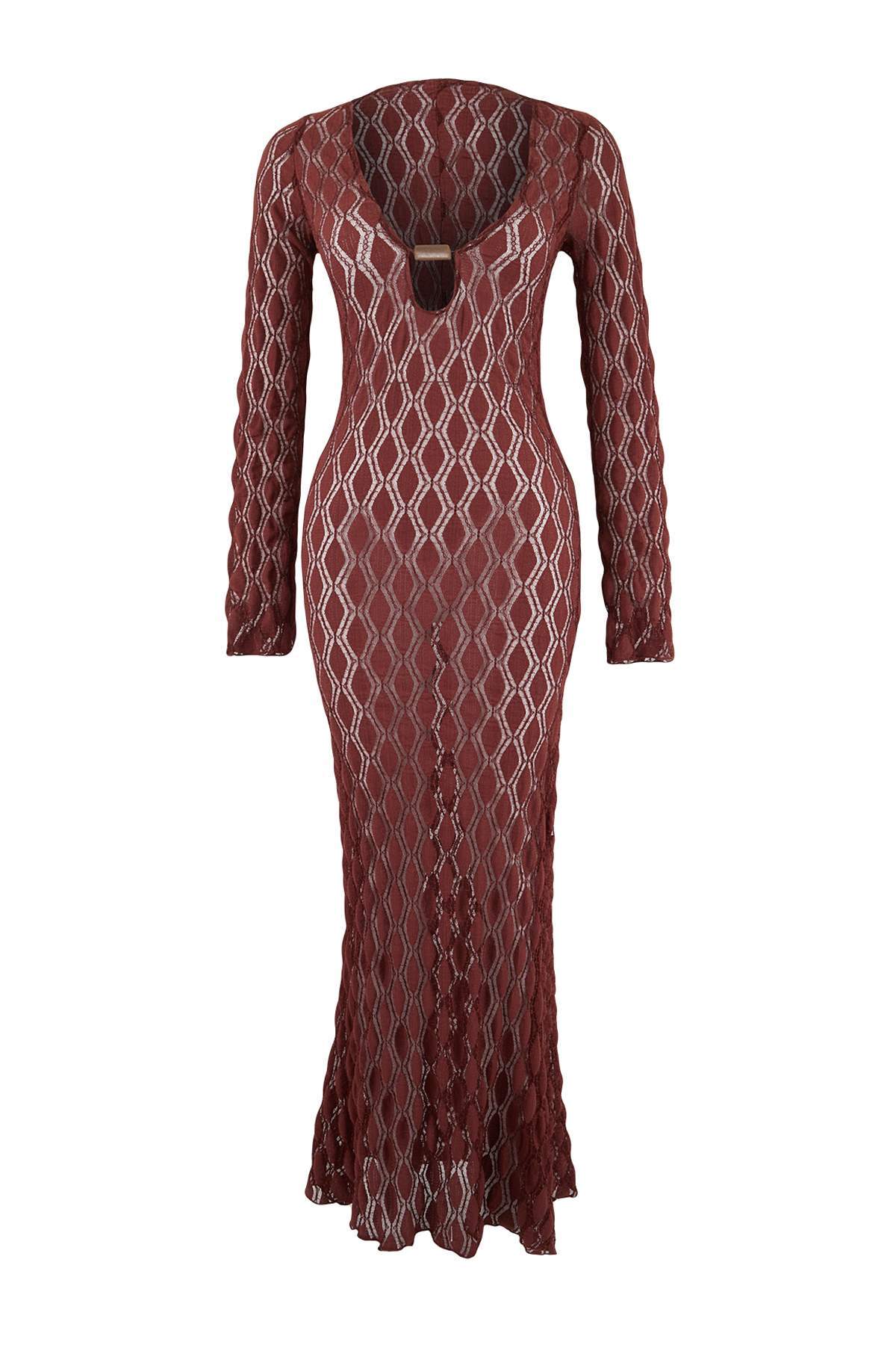 Trendyolmilla  Bordo Örme Maxi Aksesuar Detaylı Plaj Elbisesi TBESS26EL00018 - Görsel 3