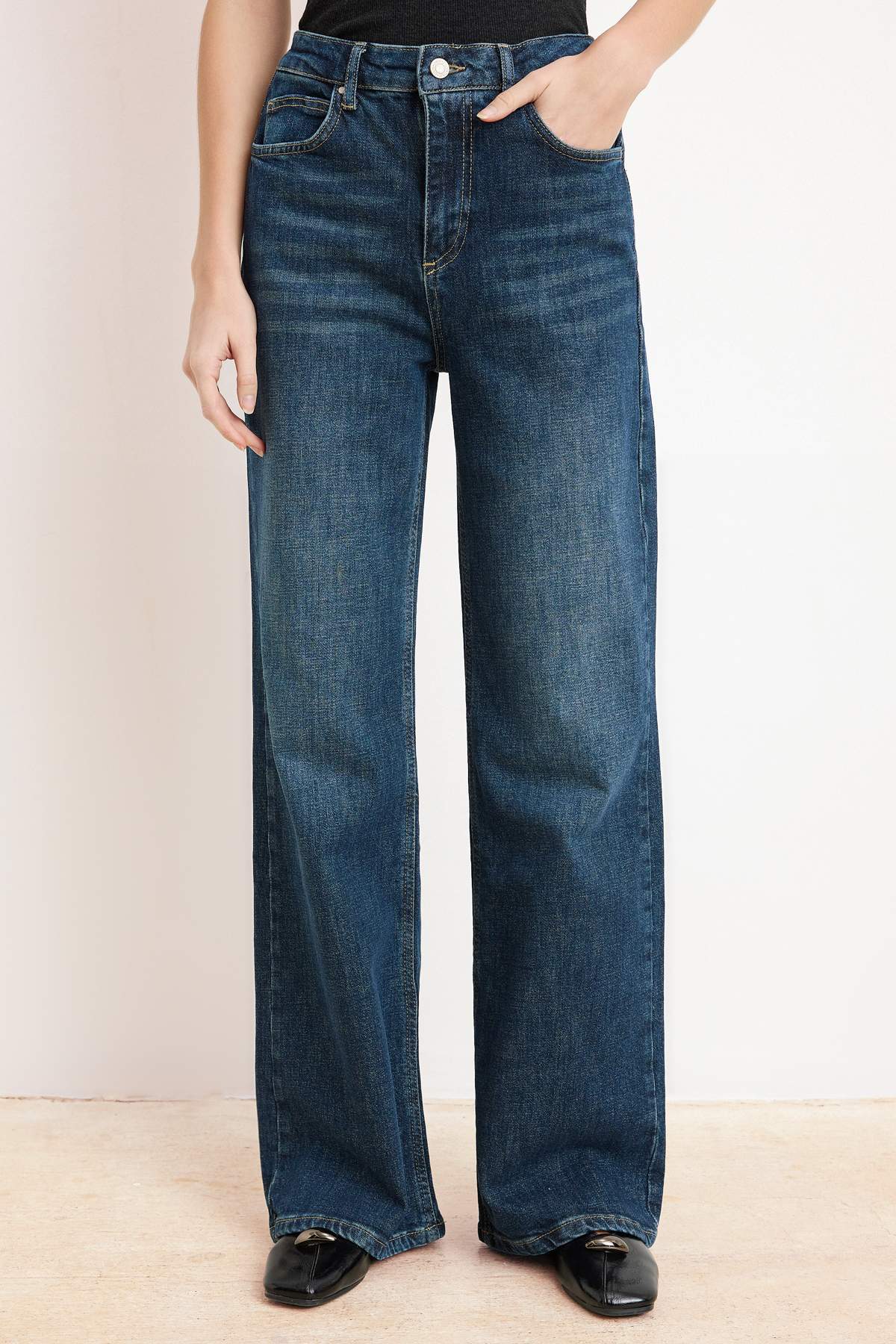 Trendyolmilla  Premium Koyu Mavi More Sustainable Yüksek Bel Az Esnek Wide Leg Geniş Paça Jeans TWOSS26JE00153 - Görsel 3