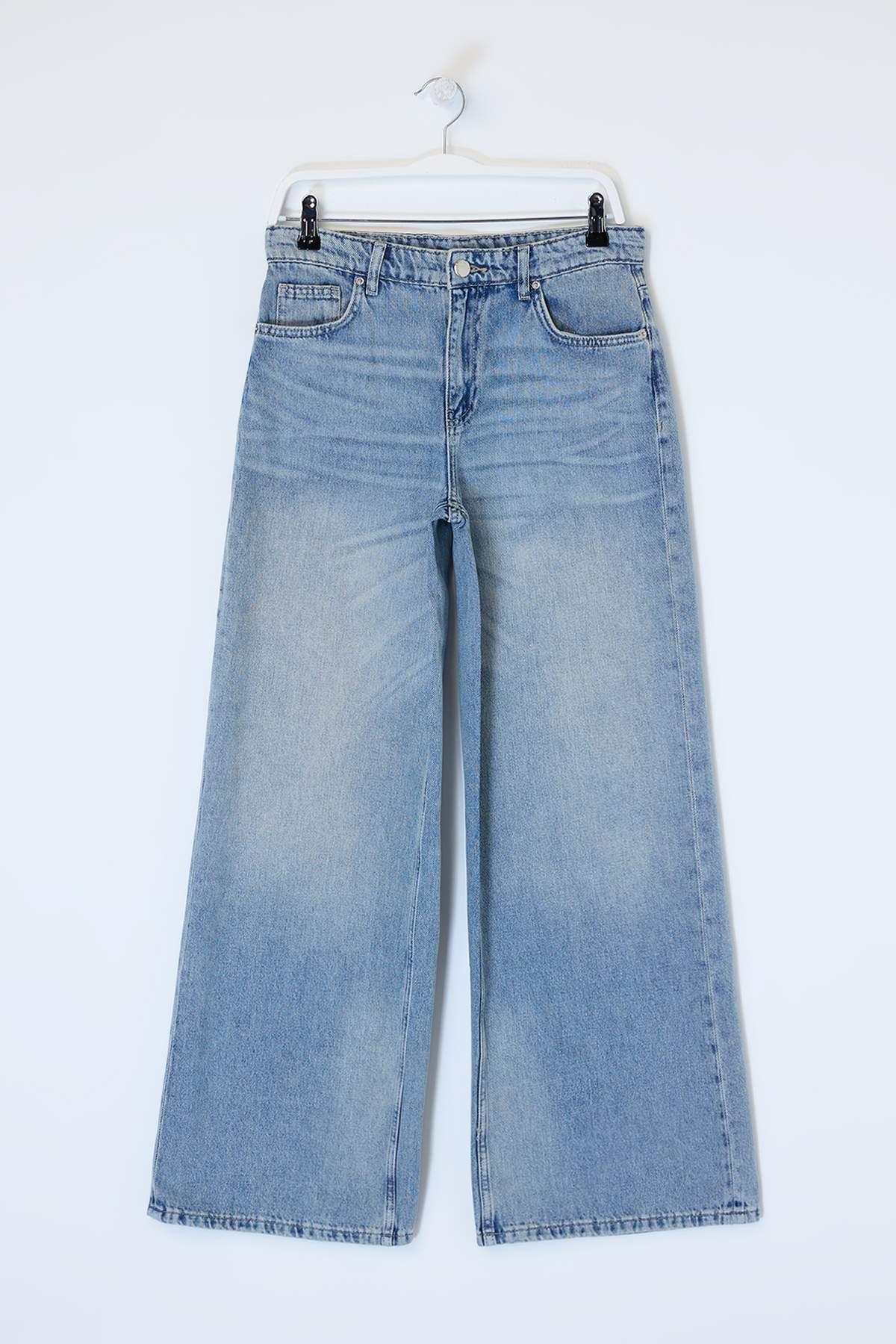 Trendyolmilla  Premium Mavi More Sustainable Özel Kumaş DÖKÜMLÜ Yüksek Bel %100 Pamuk Wide Leg Jeans TWOSS26JE00136 - Görsel 5