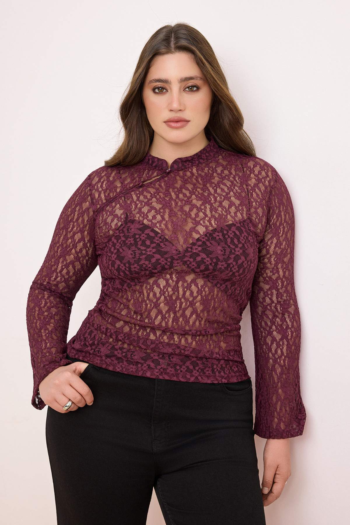 Trendyolmilla Curve Mürdüm Düğme Detaylı Crop Örme Büyük Beden Bluz TBBSS26AF00023