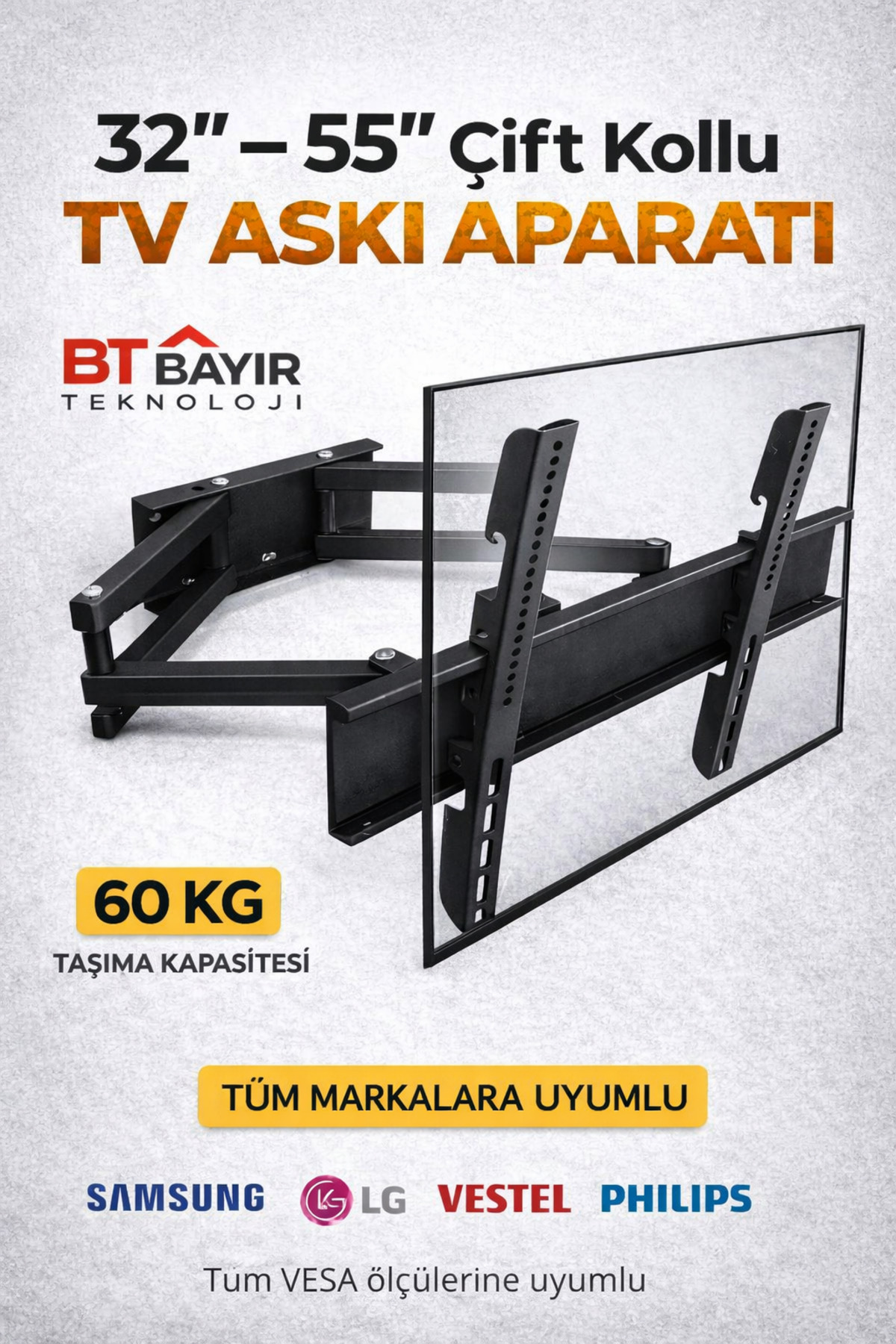 bt bayır teknoloji Tüm Markalar Ile Uyumlu Televizyon Çift Kollu Hareketli Duvar Asma Aparatı 32-55''inç Arası