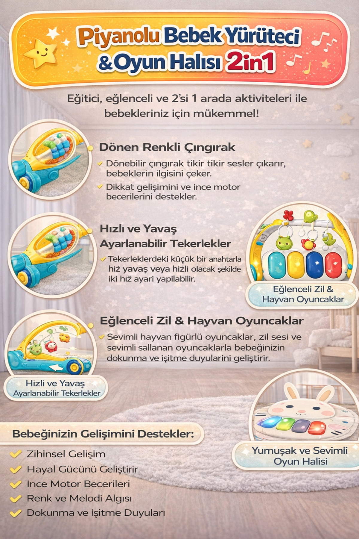 YILDIRIM OYUNCAK Piyanolu 2 in 1 Bebek Yürüteci ve Tavşan Desenli Oyun Halısı Sesli Işıklı 88 cm fotoğrafı 2 (önizleme)