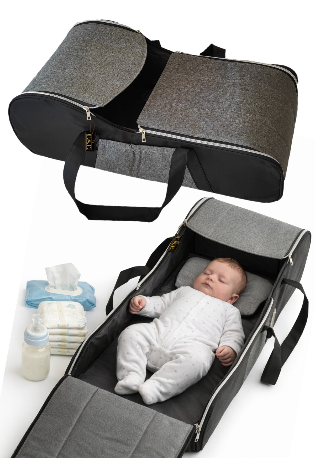 USF Gri Siyah Anne Bebek Bakım Çantası + Portbebe Ana Kucağı Puset Ikili Set fotoğrafı 3 (önizleme)